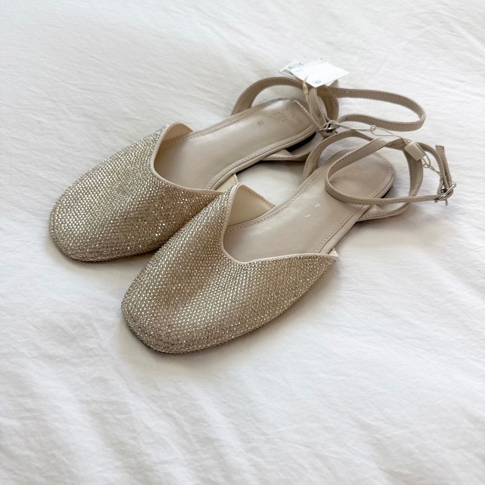 Zara Rhinestone Embellished Slingback Ballet Flats Cream Size 38 NWT